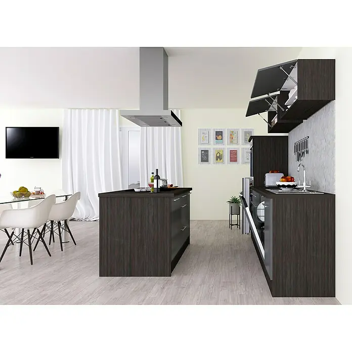 Respekta Premium Inselküche RP280IEGCBO - Breite: 280 cm, Mit Elektrogeräten, Grau Hochglanz - Stimmungsaufnahme