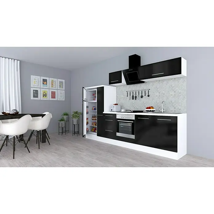 Respekta Premium Küchenzeile RP300WSCBO - Breite: 300 cm, Mit Elektrogeräten, Schwarz Hochglanz - Stimmungsaufnahme