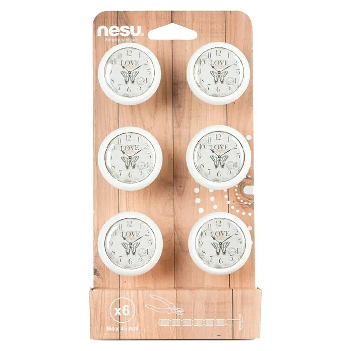 Nesu Set de pomos para muebles Reloj Love 6 uds. - 6 pzs., Ø x Al: 40 x 29 mm, Madera
