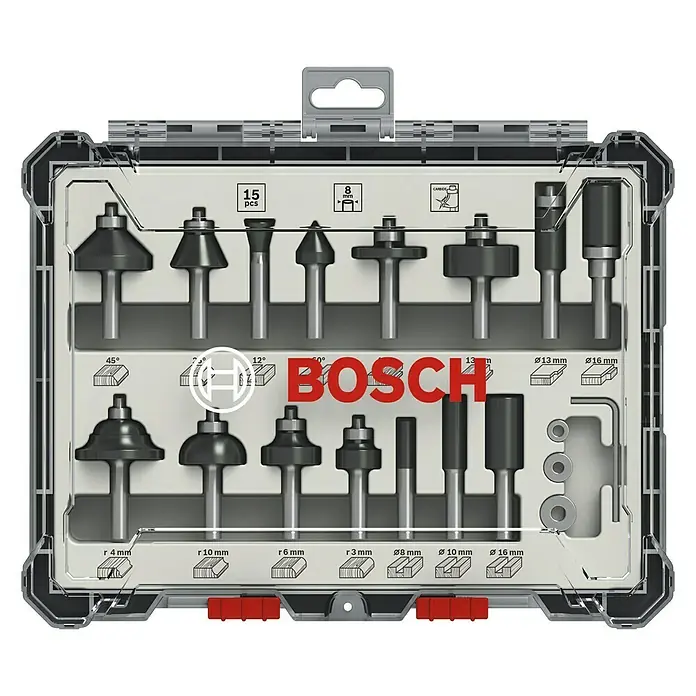 Bosch Fräser-Set Mixed - 15 -tlg., Durchmesser Schaft: 8 mm - Vorderansicht