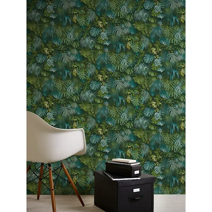 AS Creation Greenery Vliestapete Dschungelblätter - Blau/Grün, Floral, 10,05 x 0,53 m - Stimmungsaufnahme