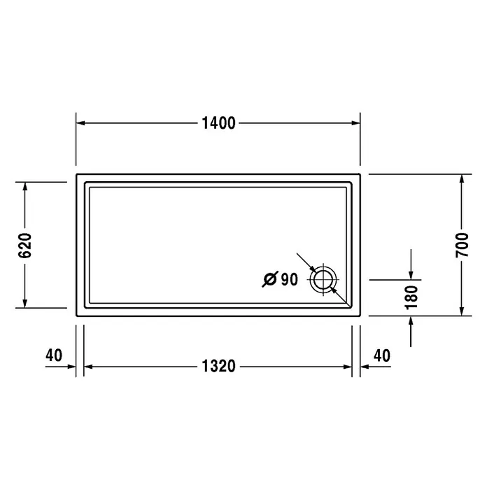 Duravit Duschwanne Starck Slimline - L x B: 140 x 70 cm, Kunststoff, Weiß, Ohne Antirutsch-Oberfläche - Skizze