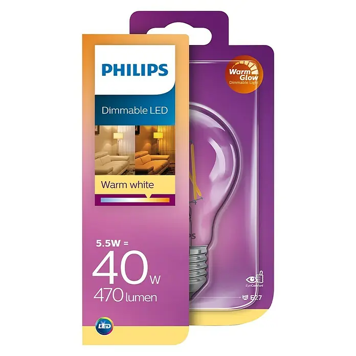 Philips Bombilla LED Vintage - 5,5 W, E27, Color de luz: Blanco cálido, Intensidad regulable, Redonda