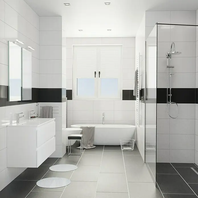 Camargue Espacio Badmöbel-Set K2 - 120 cm, Gama weiß matt - Modernes Badezimmer mit weißen Fliesen, Badewanne und Dusche. Das klare Design schafft eine entspannende Atmosphäre.