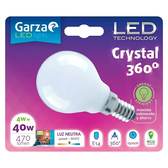 Garza Bombilla LED Crystal - 4 W, E14, Color de luz: Blanco neutro, No regulable, Redonda