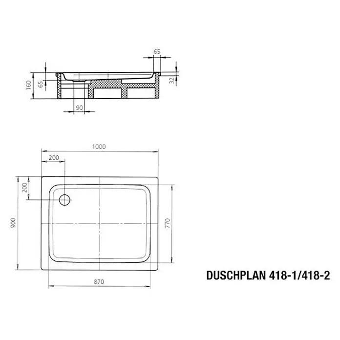 Kaldewei Duschwanne Duschplan 418-1 - L x B: 100 x 90 cm, Stahl, Weiß - Skizze