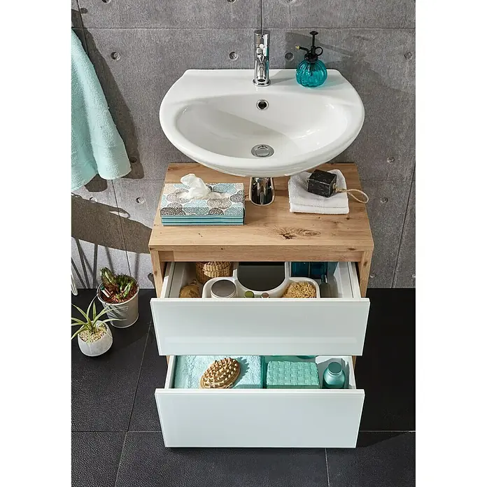 Riva Waschtischunterschrank Glass - 60,8 x 40 x 58 cm, Eiche Nachbildung, Weiß - Ansicht von oben