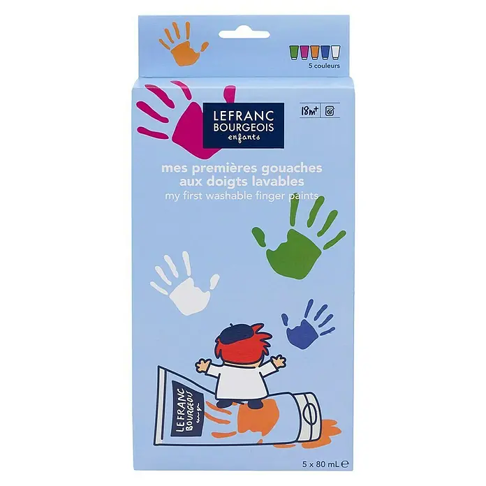 Lefranc & Bourgeois Gouachefarben-Set Fingerfarben-Set - 5 Stk. x 80 ml, 1 x Grün, 1 x Rot, 1 x Orange, 1 x Blau, 1 x Weiß - Vorderansicht