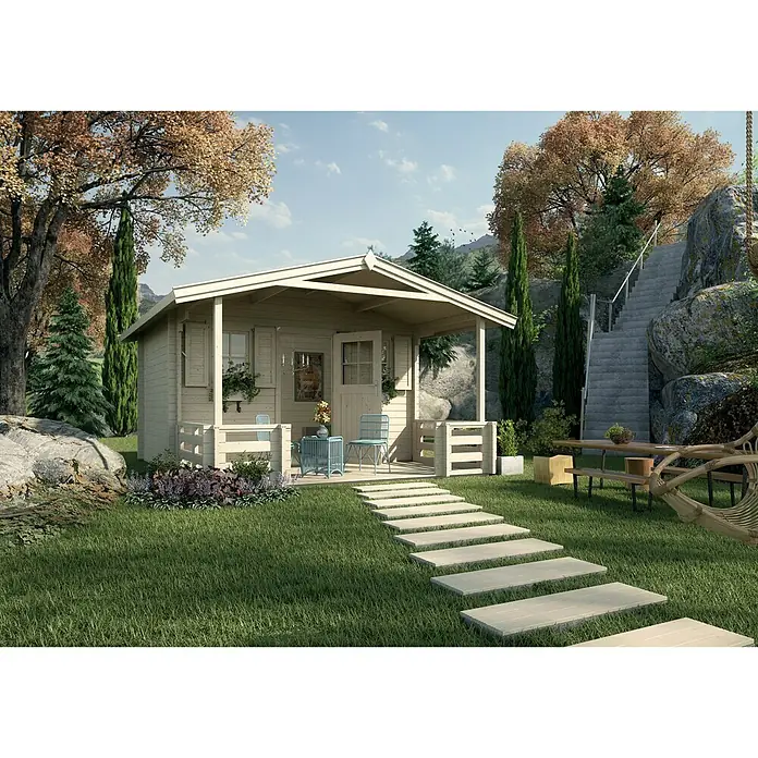 Weka Gartenhaus Weekendhaus 138 B - B x T: 450 x 510 cm, Holz, 19 m², Wandstärke: 45 mm, Mit Vordach 2 m & Terrasse - Stimmungsaufnahme