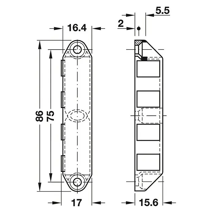 Häfele Magneetsluiting - Hechtsterkte: 12 kg, b x h: 17 x 86 mm, Spuitgietzink - Vooraanzicht