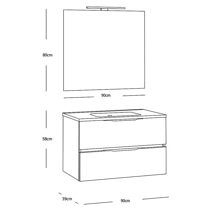 Conjunto de mueble de baño Bruna Slim - 90 cm, 3 piezas, Blanco, Mate