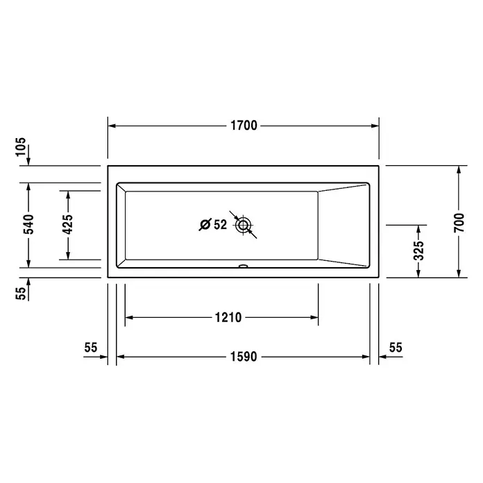 Duravit Vero Badewanne - 170 x 70 cm, Rückenschräge Rechts, Sanitäracryl, Weiß - Vorderansicht