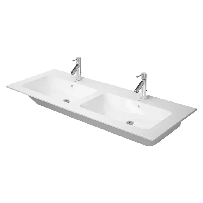 Duravit ME by Starck Doppelwaschtisch - 130 x 49 cm, Ohne Spezialglasur, Anzahl Hahnlöcher: 2, Mit Überlauf, Weiß - Vorderansicht