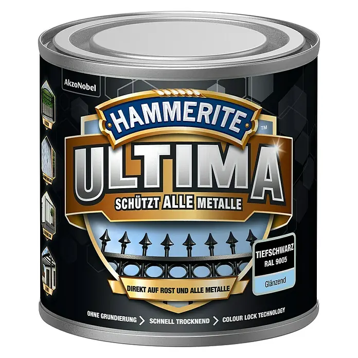 Hammerite Metall-Schutzlack ULTIMA - RAL 9005, Tiefschwarz, 250 ml, Glänzend