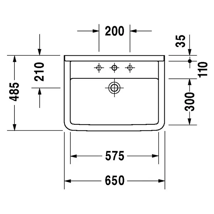 Duravit Starck 3 Waschtisch Typ 2 - 65 x 48,5 cm, Mit schmutzabweisender Glasur, Hahnloch: Mitte, Mit Überlauf, Weiß - Skizze
