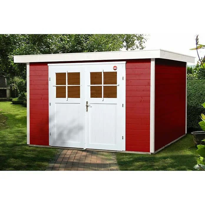 Weka Gerätehaus Colore 3 - 317 x 280 cm, Holz, Rot, Weiß - Stimmungsaufnahme