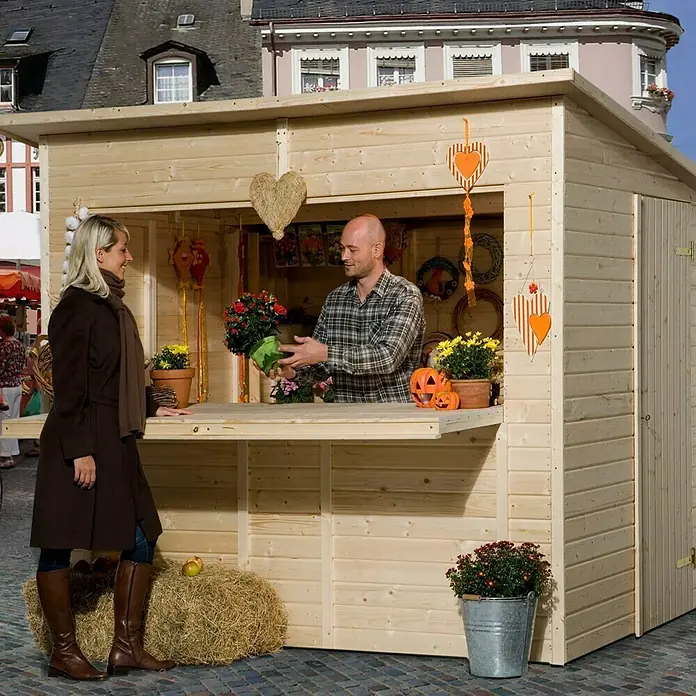 Weka Marktstand - Außenbreite inkl. Dachüberstand: 283 cm, Außentiefe inkl. Dachüberstand: 240 cm, Holz, Natur - Anwendungsbeispiel
