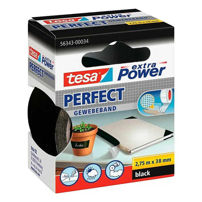 Tesa Extra Power Gewebeband PERFECT - Schwarz, 2,75 m x 38 mm - Linke Seitenansicht
