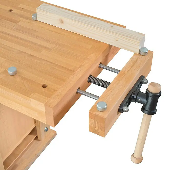 Ramia Werkbank Advanced 1500 - L x B x H: 1.500 x 650 x 850 mm, Keilgezinktes Buchenholz - Vorderansicht