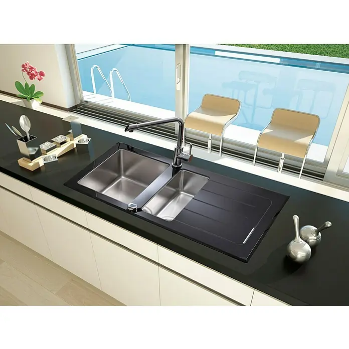 Respekta Glasspüle New York - 100 x 50 cm, Edelstahl/Glas, Schwarz