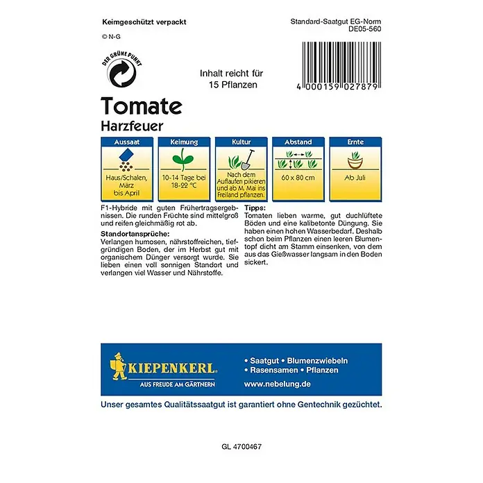 Kiepenkerl Profi-Line Gemüsesamen Tomate Harzfeuer - Lycopersicon esculentum, Erntezeit: Juli - Rückansicht