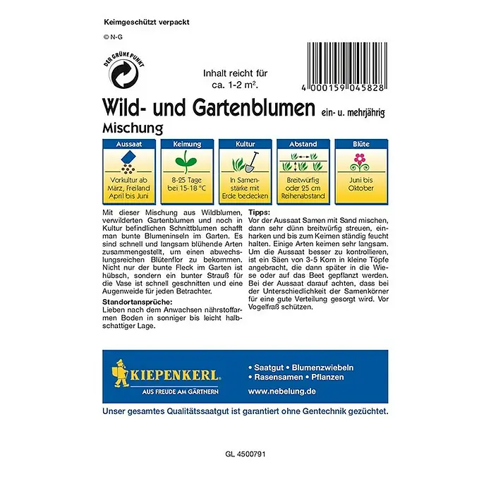 Kiepenkerl Profi-Line Blumensamenmischung Wild- und Gartenblumen - Verschiedene Sorten, Blütezeit: Juni, 1 m² - 2 m² - Rückansicht