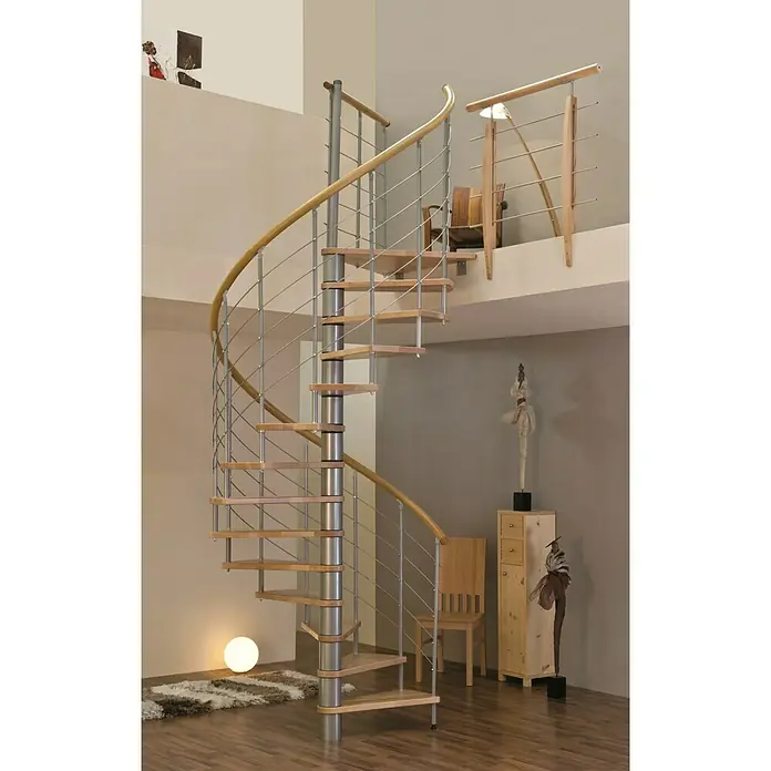 Minka Spindeltreppe Venezia - Durchmesser: 160 cm, Silber, Farbe Stufen: Buche Hell, Geschosshöhe: 309 cm - Stimmungsaufnahme