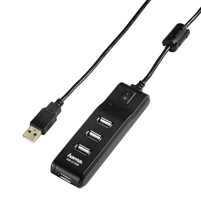 Hama USB-Hub - 4 x USB-Kupplung 2.0, Schwarz, Ein-/Ausschalter - Vorderansicht
