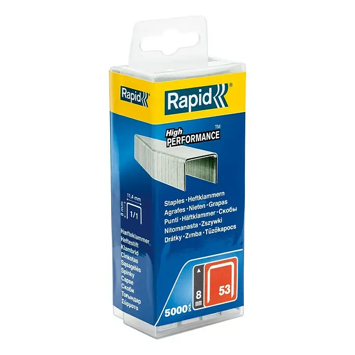 Rapid Spajalice - Dubina spojnice: 8 mm, Čelik, 5.000 Kom., Širina: 0,75 mm, Blister pakiranje - Pogled s lijeve strane