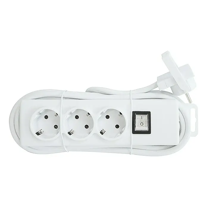 Voltomat Produžni kabel s utičnicama - 3-struko, Bijele boje, Maksimalna priključna snaga: 3.500 W, Kontrolni prekidač