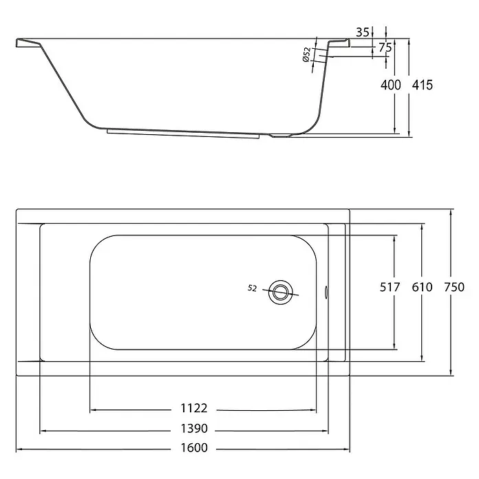 Ottofond Badewanne Filo - 160 x 75 cm, Sanitäracryl, Weiß - Vorderansicht