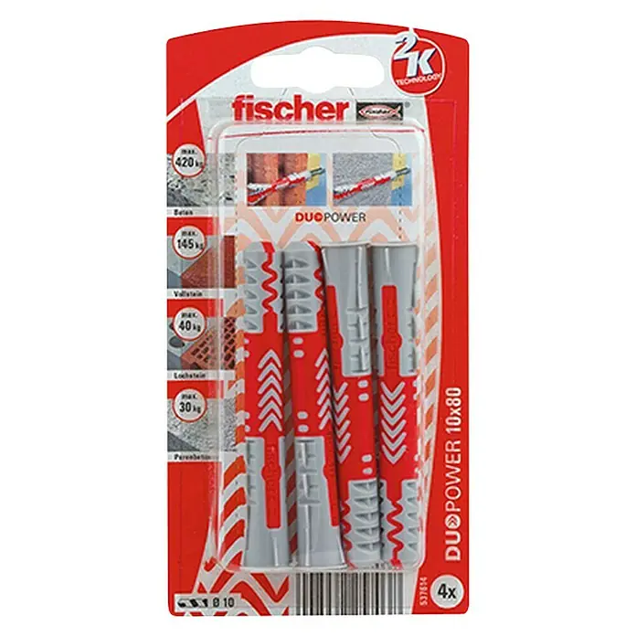Fischer Universaldübel Duopower - Durchmesser Dübel: 10 mm, Länge Dübel: 80 mm, 4 Stk., Mit Rand, Alle Baustoffe - Vorderansicht