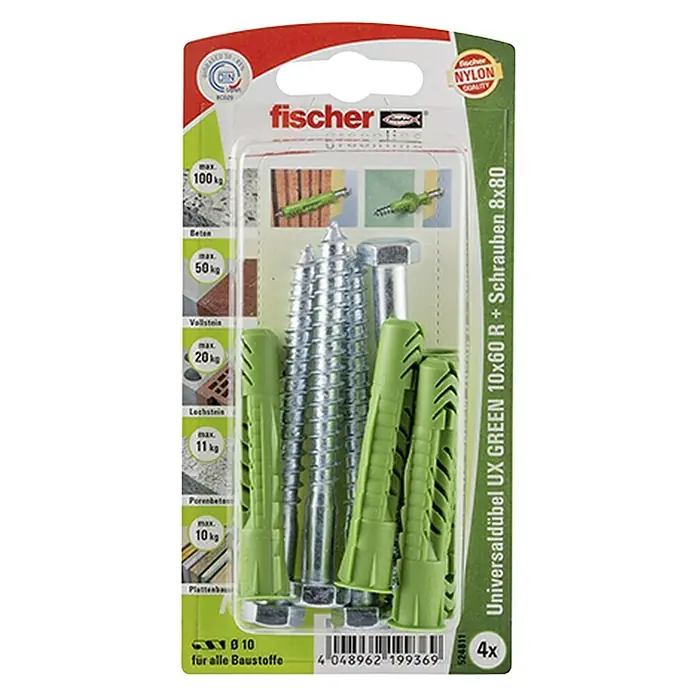 Fischer Greenline Universaldübel-Set UX 10 x 60 R S GREEN K - Durchmesser Dübel: 10 mm, Länge Dübel: 60 mm, 4 Stk., Sechskantschraube - Vorderansicht