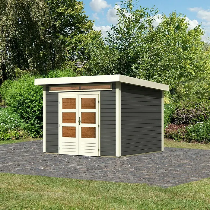 Karibu Gartenhaus Kandern 6 - 274 x 274 cm, Wandstärke: 28 mm, Flachdach, Terragrau - Rechte Seitenansicht