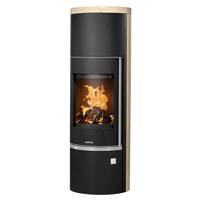 Justus Kaminofen Faro W+ 2.0 - 7 kW, Raumheizvermögen: 144 m³, Verkleidung: Sandstein, Schwarz