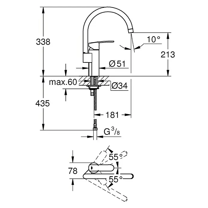 Grohe Grifo de cocina Wave Cosmopolitan - Cromo, Brillante, Caño alto