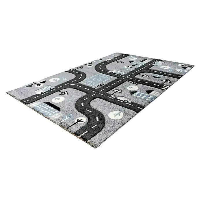 Kayoom Kurzflorteppich Straßenverkehr - Silber, 150 x 80 cm, 100 % Polypropylen - Rechte Seitenansicht