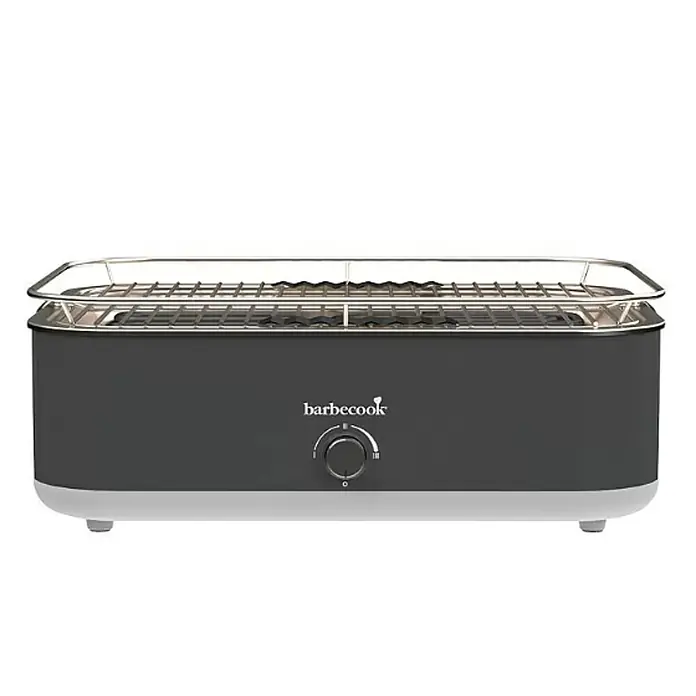 Elektrogrill - Schwarz - Rechteckiger dunkelgrauer Elektrogrill mit weißem Untergestell, Edelstahlrosten und einem Bedienknopf.