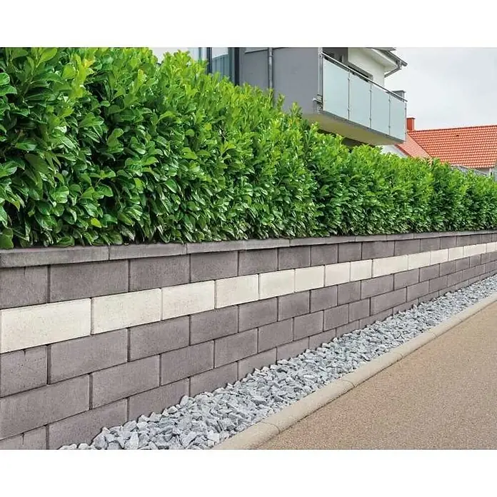 Festékvédő fólia - Hosszúság: 34 mm - Szürke beton támfal fehér csíkkal, buja zöld sövényt támaszt, kavicsos út mellett.