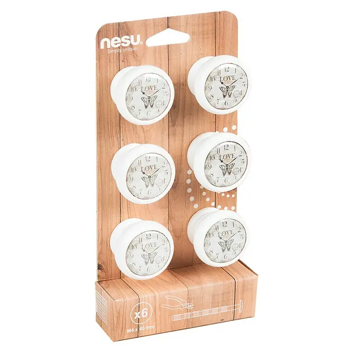 Nesu Set de pomos para muebles Reloj Love 6 uds. - 6 pzs., Ø x Al: 40 x 29 mm, Madera