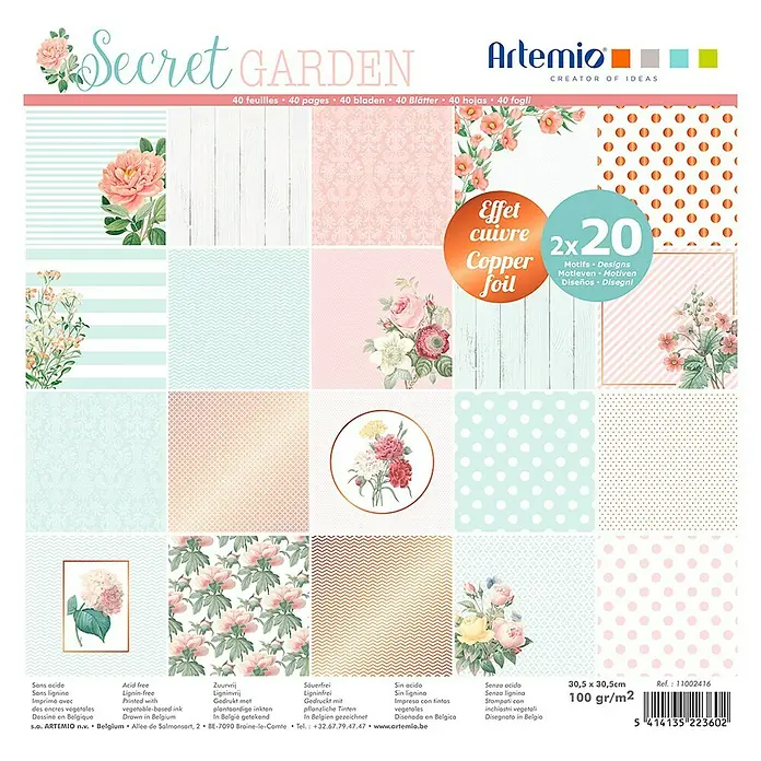 Artemio Pieza decorativa bloque de hojas Secret Garden - 40 ud., Papel, 30,5 x 30,5 cm