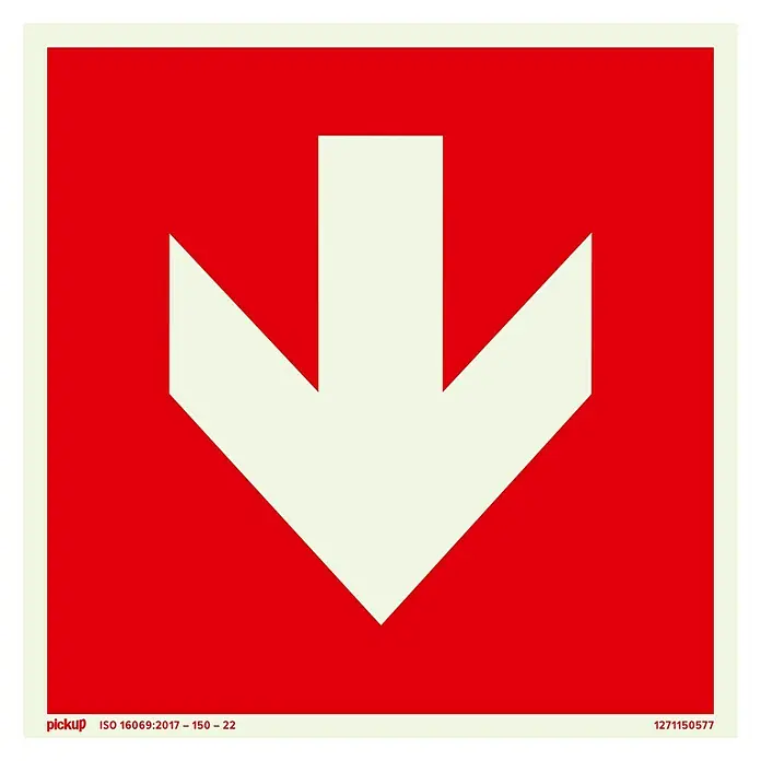 Pickup Fluchtwegschild SK - L x B: 150 x 150 mm, Pfeil unten, Rot, Lang nachleuchtend