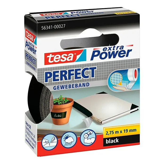 Tesa Extra Power Gewebeband PERFECT - Schwarz, 2,75 m x 19 mm - Linke Seitenansicht
