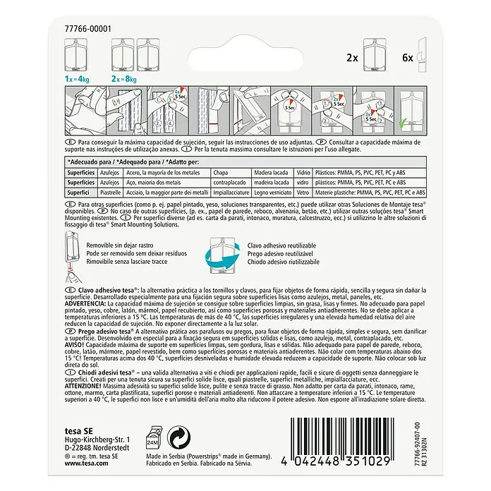 Tesa Clavo adhesivo - Apto para: Baldosas, Carga soportada: 4 kg, 2 uds., Blanco