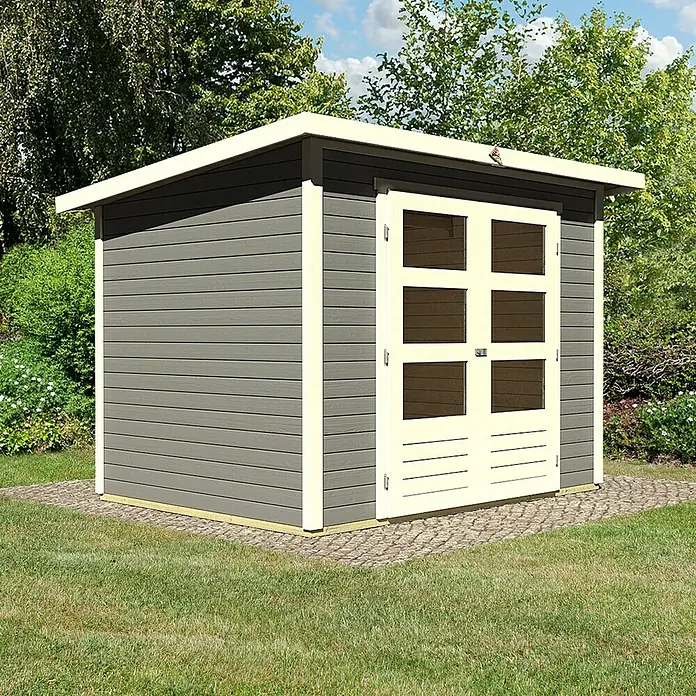 Karibu Gartenhaus Stockach - L x B: 246 x 186 cm, Wandstärke: 19 mm, Pultdach, Terragrau - Linke Seitenansicht