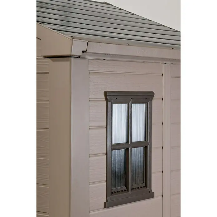 Keter Caseta para jardín Factor 6x6 - Ancho exterior incluido el voladizo del techo: 195,5 cm, Profundidad exterior incluido el voladizo del techo: 178 cm, Plástico, Taupe/Beige