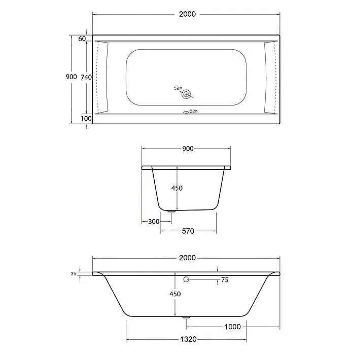 Ottofond Badewanne Palermo - 200 x 90 cm, Sanitäracryl, Weiß
