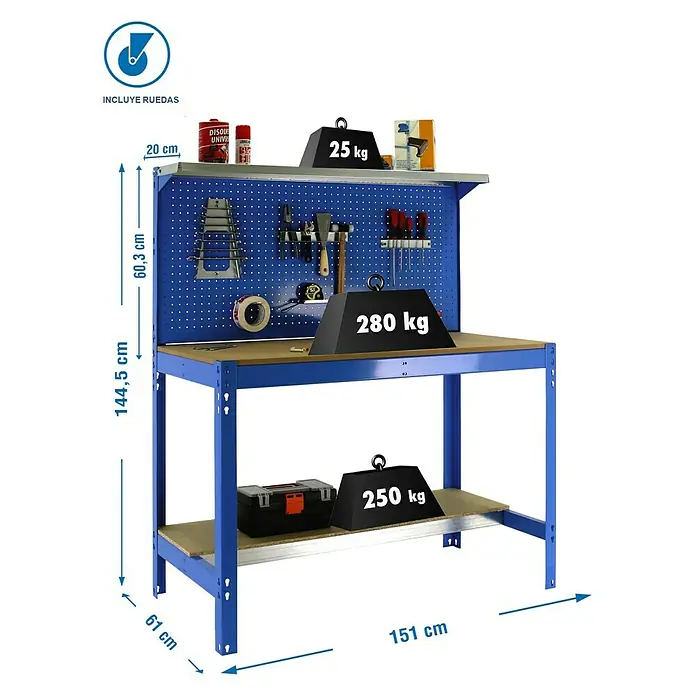 Simonrack Simonwork Banco de trabajo BT3 Mobile - L x An x Al: 61 x 151 x 144,5 cm, Capacidad de carga: 280 kg, Azul
