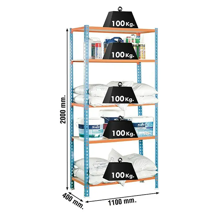 Simonrack Maderclick Metallregal Super Plus - L x B x H: 40 x 110 x 200 cm, Traglast: 150 kg/Boden, Anzahl Böden: 5 Stk., Stecken, Blau/Orange