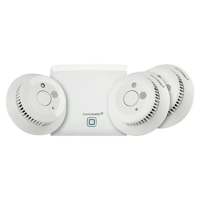 Homematic IP Starter-Set Rauchwarnmelder HmIP-SK4 - 1 x Access Point, 3 x Rauchmelder, 1 x Netzwerkkabel, 1 x Steckernetzteil,  6 x Batterie (fest verbaut), 1 x Deckenhalter, 1 x Montagezubehör - Vorderansicht